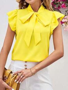 Blusa con lazo elegante para mujer, versátil para el trabajo y el uso casual, verano - Amarillo 2 - Ver 7