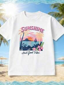 Camiseta ho de manga corta y cuello redondo para mujer con estampado floral y de autobús, con gráficos retro de puesta de sol tropical, sol, buenas vibras, siluetas de palmeras y velero - Blanco - Ver 2