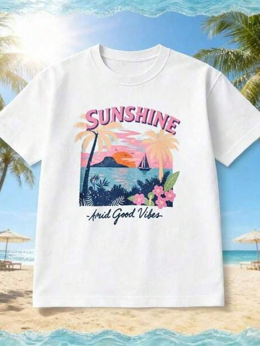 Camiseta ho de manga corta y cuello redondo para mujer con estampado floral y de autobús, con gráficos retro de puesta de sol tropical, sol, buenas vibras, siluetas de palmeras y velero