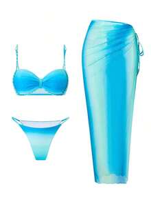 Costavie Conjunto de 3 piezas de bikini para mujer con vestido largo calado, estampado de teñido anudado multicolor, tirantes trenzados y cordones laterales, para primavera/verano 2026 - Azul - Ver 5