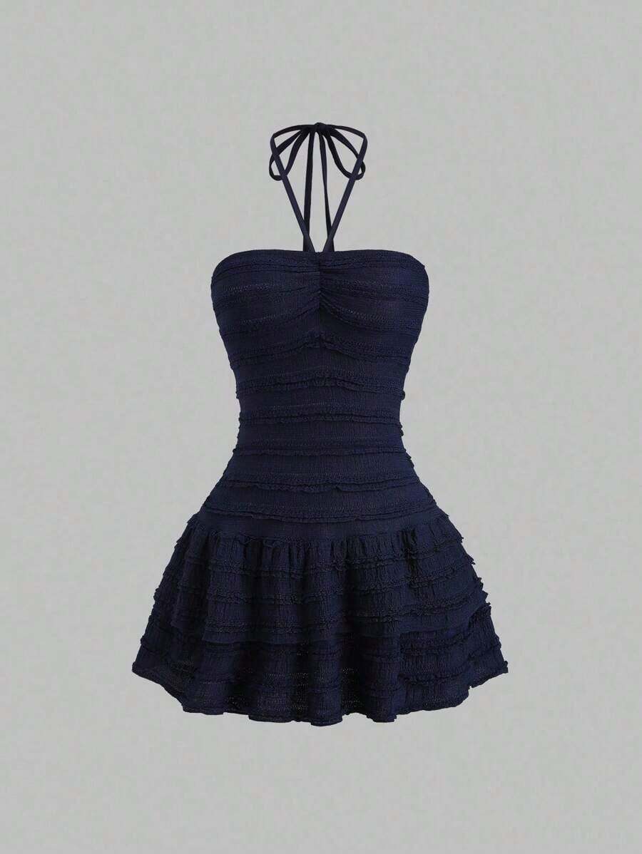 Vestido corto de verano para mujer con cuello halter, nudo en la cintura y volantes - Azul marino - Ver 1