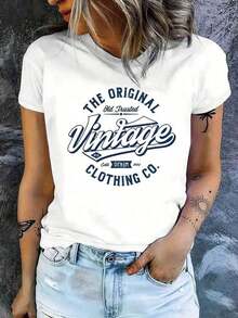 [1pc Vintage Print T-Shirt] 1pc Women's Casual Short Sleeve Crew Neck T-Shirt From Vintage Clothing Co., Geometric Print, Knit Fabric, Elastic, Regular Fit. Suitable For Spring, Summer And Autumn. - 白色 - 查看 5