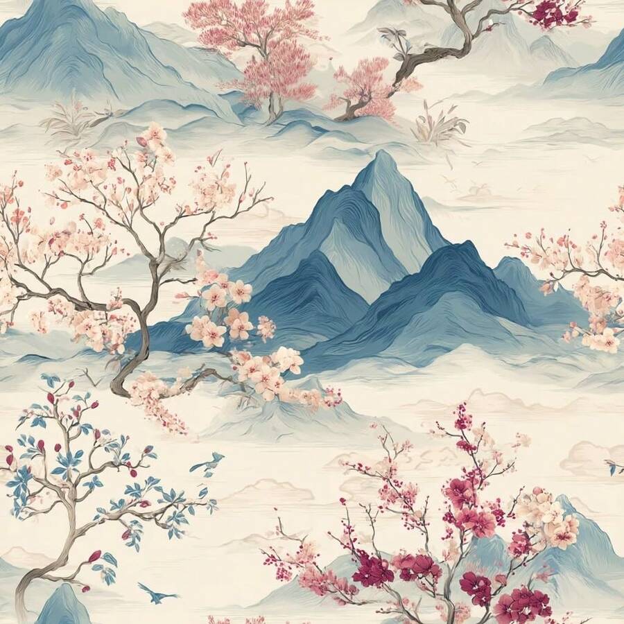 中式水彩風景壁紙 自黏可移除易貼貼優雅櫻花植物壁紙 防水 適合臥室 租屋友善 - 1PC - 查看 1