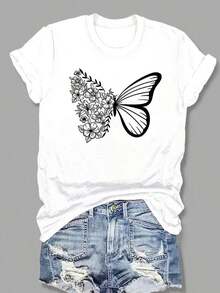 Camiseta de manga corta con estampado de mariposas, cuello redondo, top casual para primavera y verano, ropa de mujer. - Blanco - Ver 7