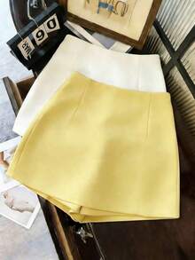 Pantalones cortos/falda/culotte/shorts de mujer de tela suave y texturizada de cintura alta con abertura, de estilo casual y versátil para uso diario, primavera/otoño - Amarillo - Ver 2