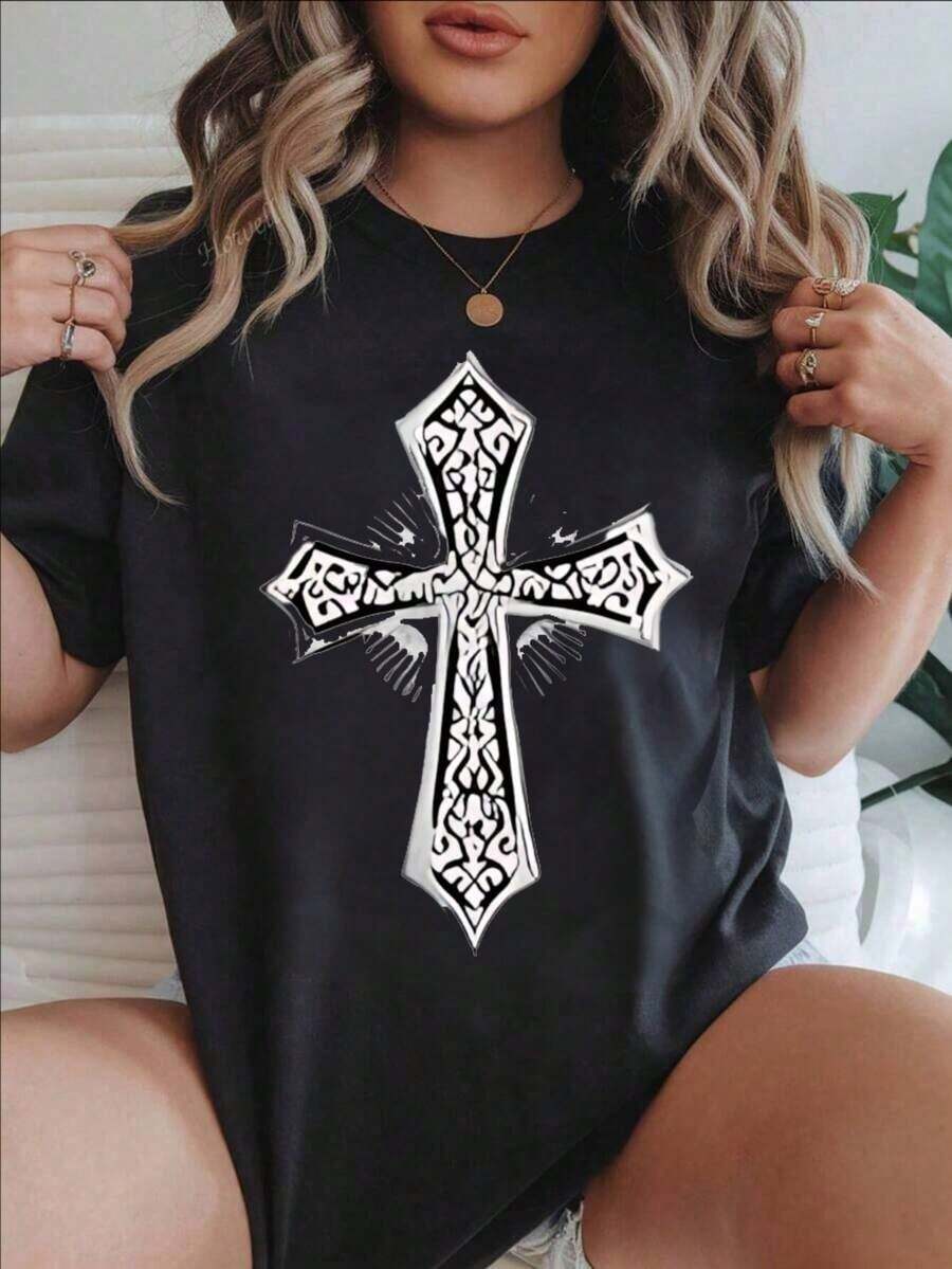 Women's Casual Short Sleeve T-Shirt - Black And White Ornamental Cross Design On White T-Shirt, Round Neck, Summer Top, Machine Washable, Ladies' T-Shirts, Casual Wear, Modern Style, Comfortable Fit
Black - 黑色 - 查看 1