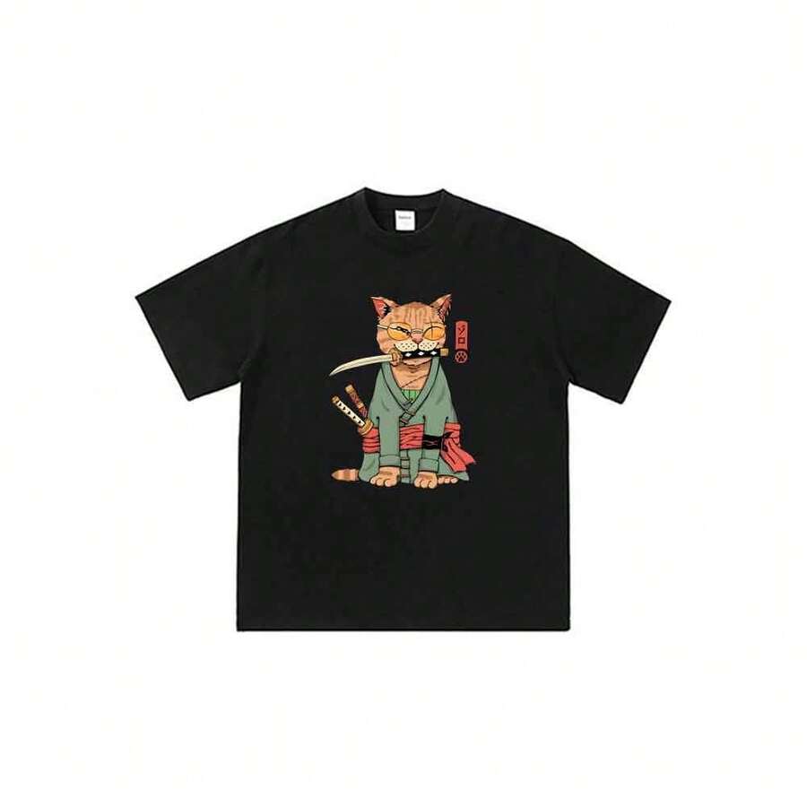 Camiseta unisex de manga corta informal de corte holgado con estampado de dibujos animados de anime estilo años 90 de One Piece - Portgas D'Ace Fire Fist - Negro - Ver 1