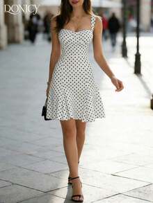 Vestido negro de línea A con cuello cuadrado y lunares, adecuado para el Día de San Valentín, el Carnaval y el uso diario - Blanco - Ver 6