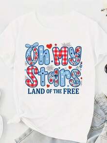 Camiseta de Mujer "Oh My Stars Land Of The Free" con Diseño Patriótico Floral y de Bandera para Celebración del Día de la Independencia, Día del Juego, Atuendo para Mamá, 4 de Julio, EE. UU. Adecuada para primavera, verano y otoño. - Blanco - Ver 4