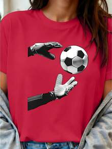 Limited Edition Short-Sleeved T-Shirt With A Round Neck And A Goalkeeper Glove Print, Women's Apparel. The Dynamic Design Depicting The Moment A Goalkeeper Catches A Ball Highlights Athletic Energy And Individuality. Suitable For Sports Enthusiasts, As A Gift For Players, A Birthday Present, For Team Events, College Sports Festivals, Or As An Outfit For Watching Games. Casual And Stylish, Urban Style, Showing A Love For Soccer And Highlighting Unique Individuality. Comfortable And Breathable Fabric, Creating A Personalized Look. Lightweight Cotton. - 亮紅 - 查看 12