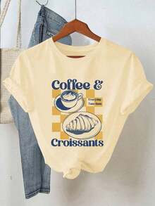 1pscY2K Top de Verano para Mujer, Bonito y Divertido. Camiseta de Mujer con Estampado de Letras de Dibujos Animados, Diseño "Coffee And Croissant, Breakfast Club", Adecuada para Varias Ocasiones, como Regalo para Festivales, Cumpleaños, Festivales de Música, Día de la Madre, Pascua, Temporada de Graduación, Casual y Versátil, Cómoda, para Vacaciones en la Playa, Sencilla y a la Moda, Adecuada para el Uso Diario de Mujeres y Niñas. 100% algodón - Albaricoque - Ver 2