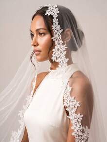 1pc Faux Pearl Bridal Veil, Fingertip Length, Bride Veil With Comb, White/Ivory Lace Trim,Festival,Birthday - Multicolor - View 2
