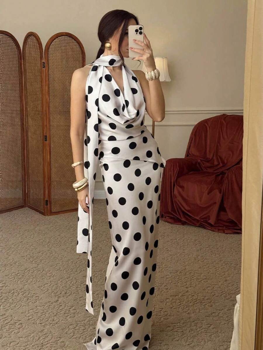 Conjunto de dos piezas verano mujer nueva llegada, escote V sin mangas + falda midi con estampado de lunares en varios colores, estilo euroamericano elegante y moderno. - Blanco - Ver 1