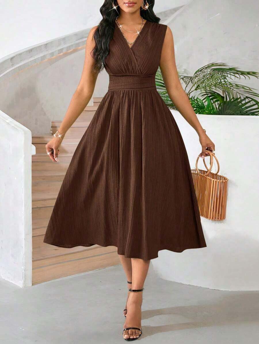 Vestido veraniego sin mangas de mediana longitud para mujer, de tela tejida con textura en color verde - Café integral - Ver 1