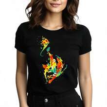Tops para mujerLinda  de Algodón Negra de Alta Elasticidad para Mujer, Largo Regular, Cuello Redondo, Manga Corta con Gráficos Coloridos - Negro - Ver 6