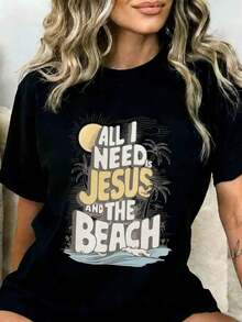 1 Piece Women's Summer T-Shirt "All I Need Is Jesus And The Beach", Christian Religious Graphic Tee, Cute And Casual For Beach Vacation, 180g 100% Cotton - 黑色 - 查看 1