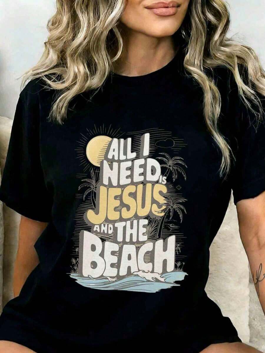 1 Piece Women's Summer T-Shirt "All I Need Is Jesus And The Beach", Christian Religious Graphic Tee, Cute And Casual For Beach Vacation, 180g 100% Cotton - 黑色 - 查看 1