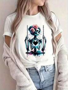 Tops para mujer Casual de Algodón de Manga Corta para Mujer con Estampado Único de Calaveras y Flores, Cuello Redondo, Corte Regular - blanco - Ver 1