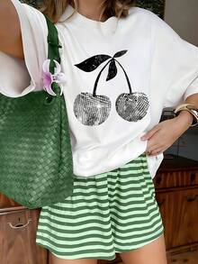 Y2K Black White Disco Ball Cherry Graphic T-Shirt, 100% Cotton Oversized Soft Trendy Tee, Casual Crewneck Top for Parties & Y2K Style Lovers - Blanco - Ver 2