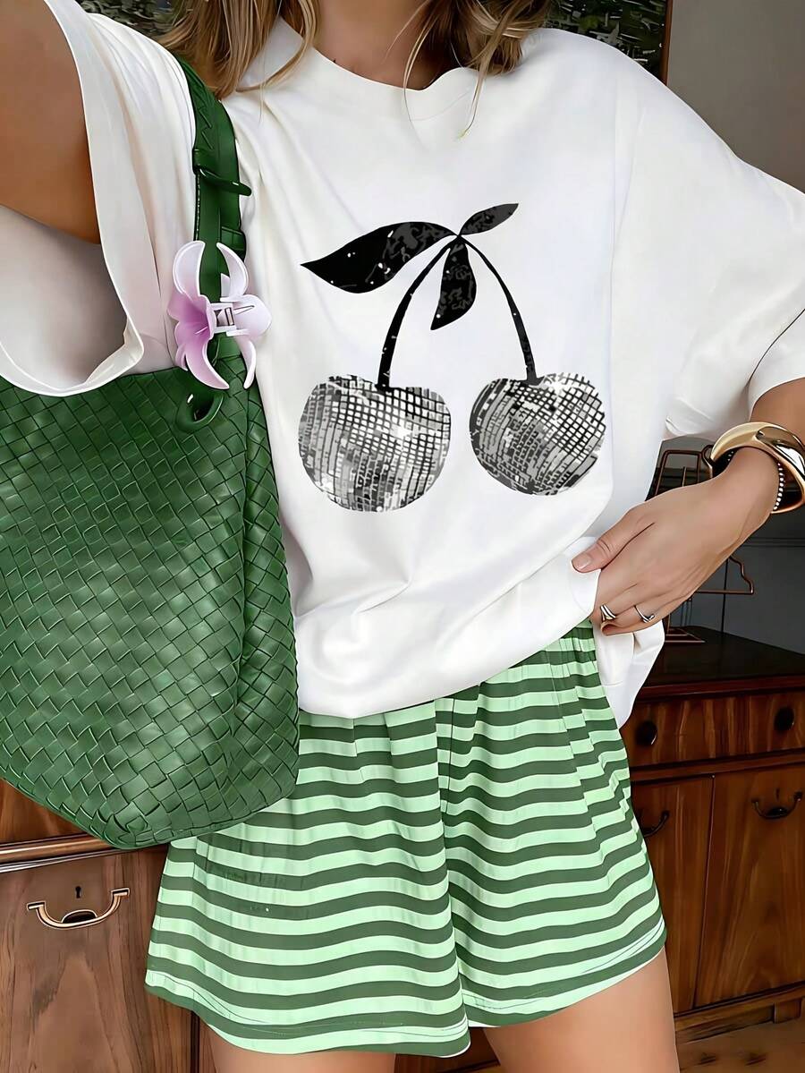 Y2K Black White Disco Ball Cherry Graphic T-Shirt, 100% Cotton Oversized Soft Trendy Tee, Casual Crewneck Top for Parties & Y2K Style Lovers