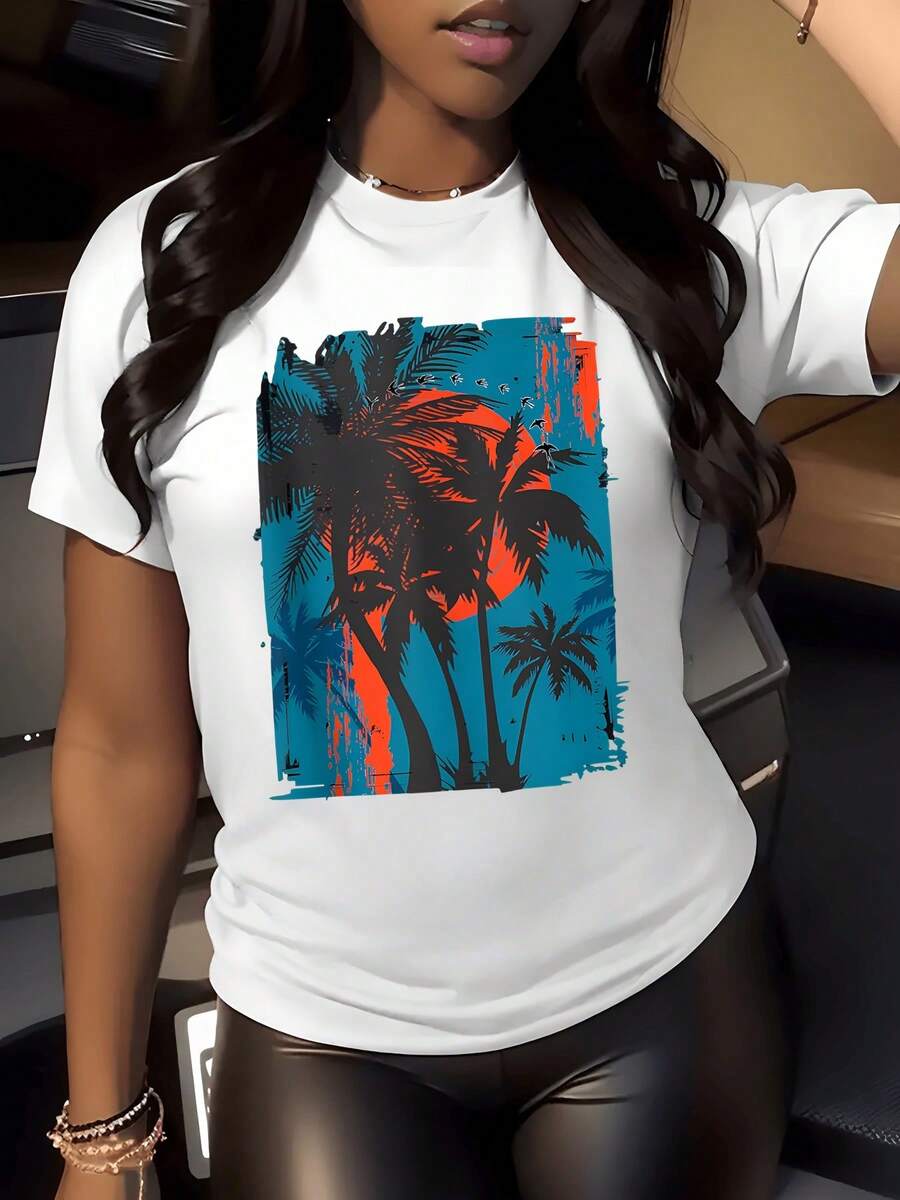 Paisaje tropical con palmeras al atardecer que evocan libertad y calma junto al mar colores azul y naranja vibrantes que transmiten energía positiva camiseta de mujer casual moderna cómoda - Blanco - Ver 1