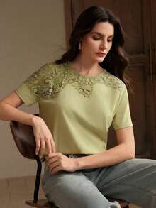 Blusa de moda para mujer con parche de encaje asimétrico, nueva para el verano - Verde Oliva - Ver 9