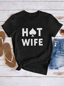 Ropa casual de verano para mujer que incluye una camiseta negra con estampado de pala que dice HOT WIFE. Camisetas deportivas para mujer. - Negro - Ver 6