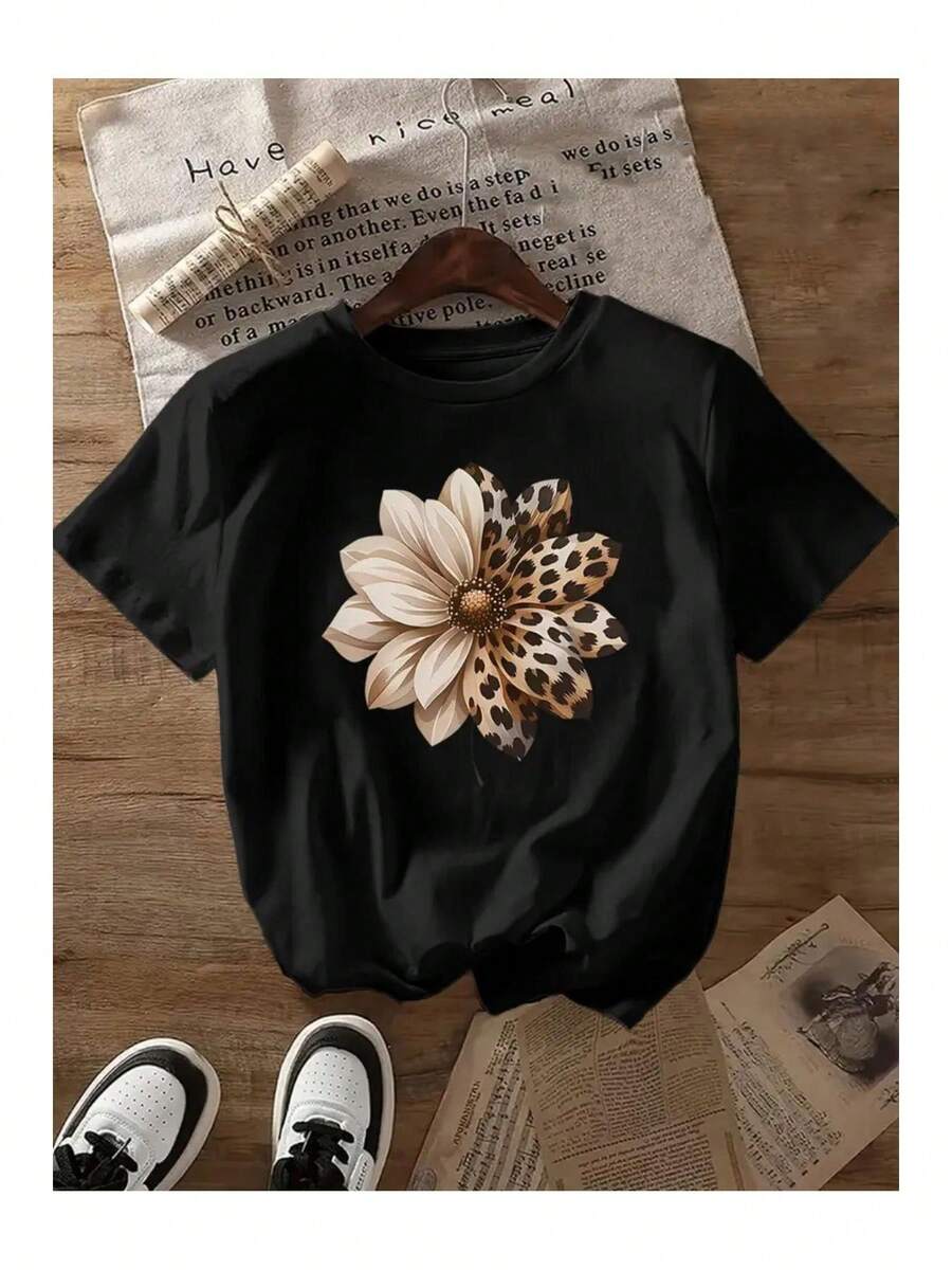 Basic T-Shirt With Floral Print, Loose And Comfortable - Back - View 1