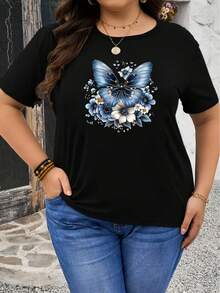 Talla - Camiseta negra de talla para mujer con diseño de mariposa azul y floral - Manga corta casual, cuello redondo, estiramiento medio, moda primavera/verano, camiseta de mariposa - Negro - Ver 3