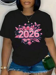 Camiseta Negra de Manga Corta con Estampado Floral Rosa - Perfecta para Celebraciones de Año Nuevo y Uso Casual - Negro - Ver 6