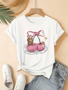Camiseta de mujer con estampado de oso cereza rosa, diseño moderno, alegre y lindo. Es una camiseta de manga corta y cuello redondo para mujeres jóvenes, lavable a máquina, adecuada para el estilo casual de calle de uso diario. Es una opción de regalo ideal y es adecuada para el hogar, la oficina y otras ocasiones. - Blanco - Ver 6