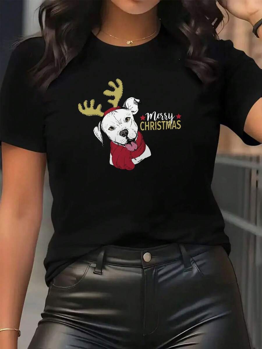 Printed T-Shirt With Dancing Skull Design Wearing A Christmas Hat And Snowflake, Luminous Decoration, Short Sleeve, Casual, For Christmas Parties, Women's Blouses, Women's Summer Graphic T-Shirts, Women's Casual Printed T-Shirt, Short Sleeve And Round Neck, Local Spring/Summer Urban Fashion. - 黑色 - 查看 1