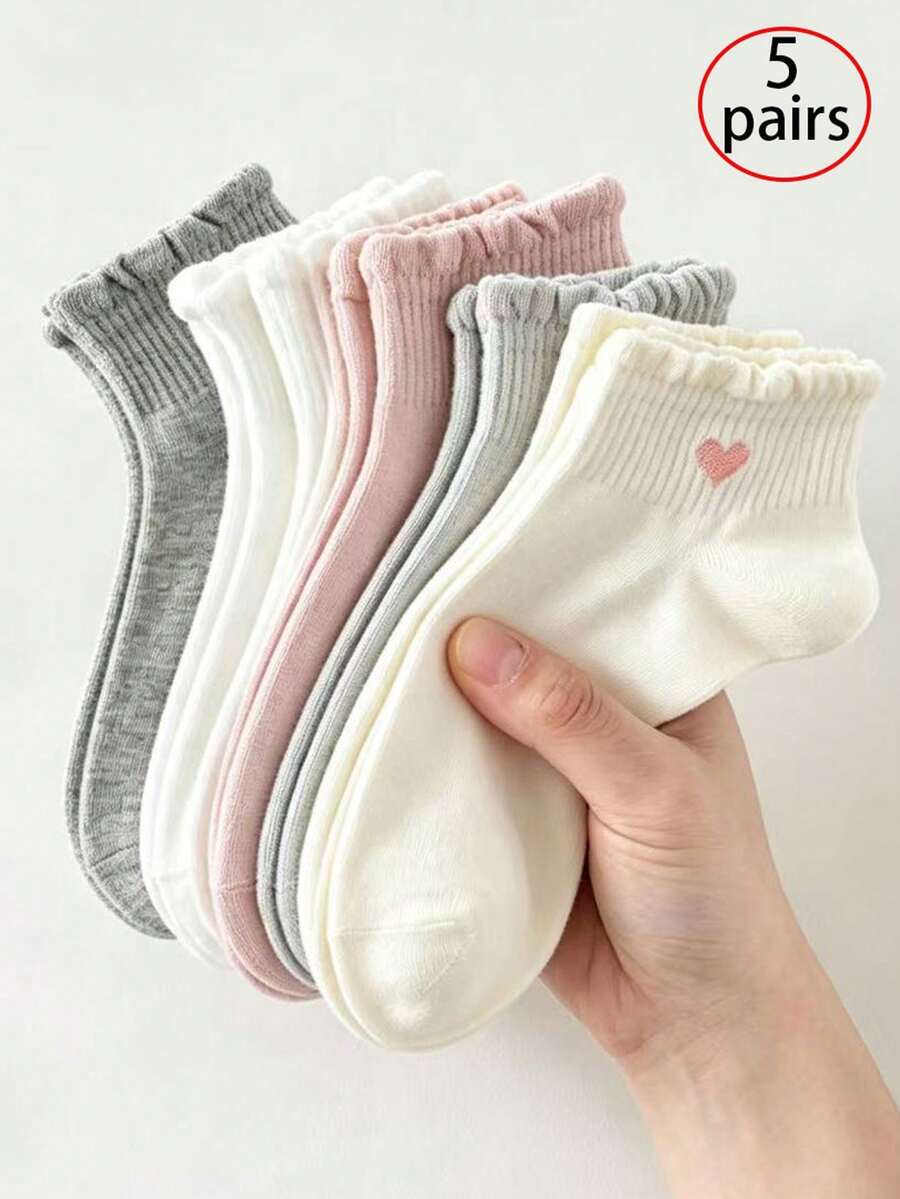 5双春夏低帮踝袜,荷叶边饰心形图案,休闲百搭女童袜 - 彩色 - 查看 1