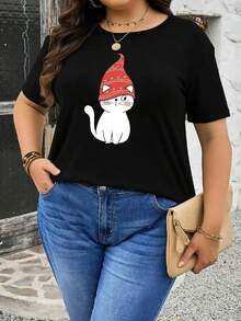 Tamaño grande - Talla grande, camiseta negra de talla grande para mujer - Camiseta elástica de cuello redondo y corte holgado, base blanca, camisa ligera para uso diario (lavable a máquina, ropa casual para todas las estaciones), prenda multifuncional, patrón geométrico, textura suave, camiseta de manga corta, camiseta de mujer, ropa para todas las estaciones, camiseta estampada con diseño casual, camiseta de ajuste cómodo, uso diario, estilo casual, material transpirable, camiseta estampada, curvas a la moda. blusas para mujerVerano Gráfico Camisetas Para Mujeres Informal Camisa Imprimir Camiseta Corto Manga Y Redondo Cuello, Local Primavera/Verano Urbano Moda. - Negro - Ver 3
