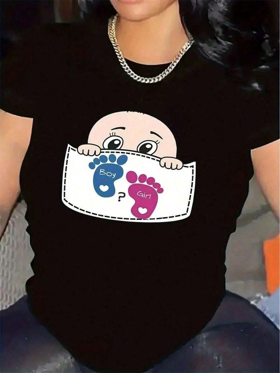 Camiseta de Manga Corta en Poliéster Blanco y para Fiesta Revelación del Género, Duradera e Cómoda, Ideal Para Uso En La Sala De Estar Del Hogar, ¡Material Suave! Diseño Elegante con Huellas Impresas, ¡Perfecto Paa Usos Casuales100% Cotton - Negro - Ver 1