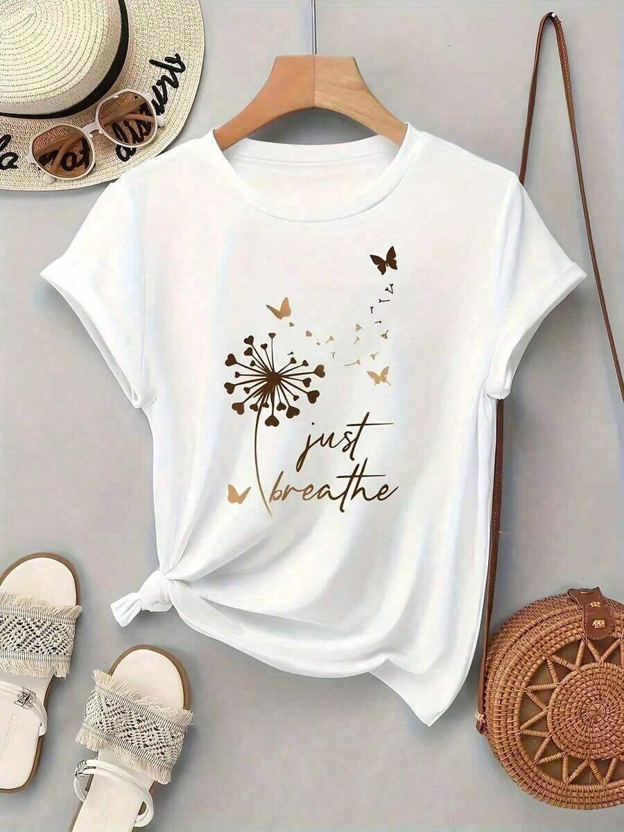 short sleevesCamiseta de Mujer 100% Algodón Pesado, con estampado de diente de León y mariposas doradas y la frase "Just Breathe". Diseño de manga corta, nueva para primavera, verano y otoño. Transpirable y cómoda, simple y versátil, ideal para street style y looks casuales.Leisure - Blanco - Ver 1