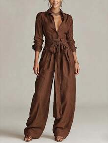 2026 Spring Summer Solid Color High Waist Short Sleeve Long Pants Casual Loose Two Piece Set - Coffee Brown - View 1