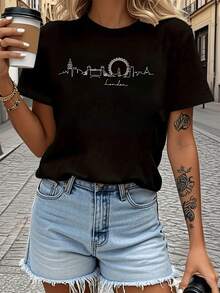 Women's Pure Cotton Printed T-Shirt, London Skyline Fashion Print T-Shirt, Casual Short Sleeve Round Neck Top, Spring/Summer Style, Unisex Clothing, Mother's Day T-Shirt, Dedicated To Mom, The Best Gift With "Best Mom" Print. - 黑色 - 查看 7