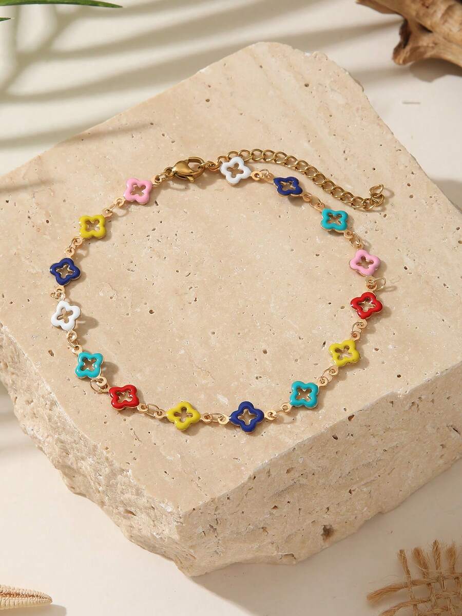 Colorful Enamel Four-Leaf Clover Anklet, Suitable For Girls' Daily Outings, Best Gift For Friends (Random Clover Color) - Multicolor - View 1