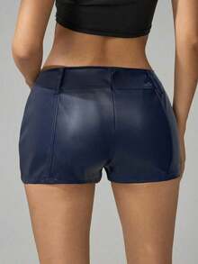 Shorts Casuales de Color Sólido con Cierre Frontal para Mujeres Altas, Micro Shorts - Azul Marino - Ver 2