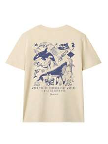 Camiseta de verano de manga corta para mujer, estampada con motivos de tiburones, delfines, estrellas de mar y otros animales marinos, diseño de cuello redondo, holgada y versátil, color beige, adecuada para uso diario y vacaciones. - albaricoque - Ver 2