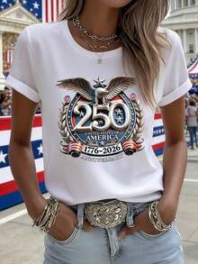 Camiseta Casual de Manga Corta para Mujer TrendyWomen - Estampado Conmemorativo del 250 Aniversario de la Independencia de EE. UU. - Corte Regular, Cuello Redondo - Ropa de Mujer para Todas las Temporadas, Uso Diario - Blanco - Ver 1