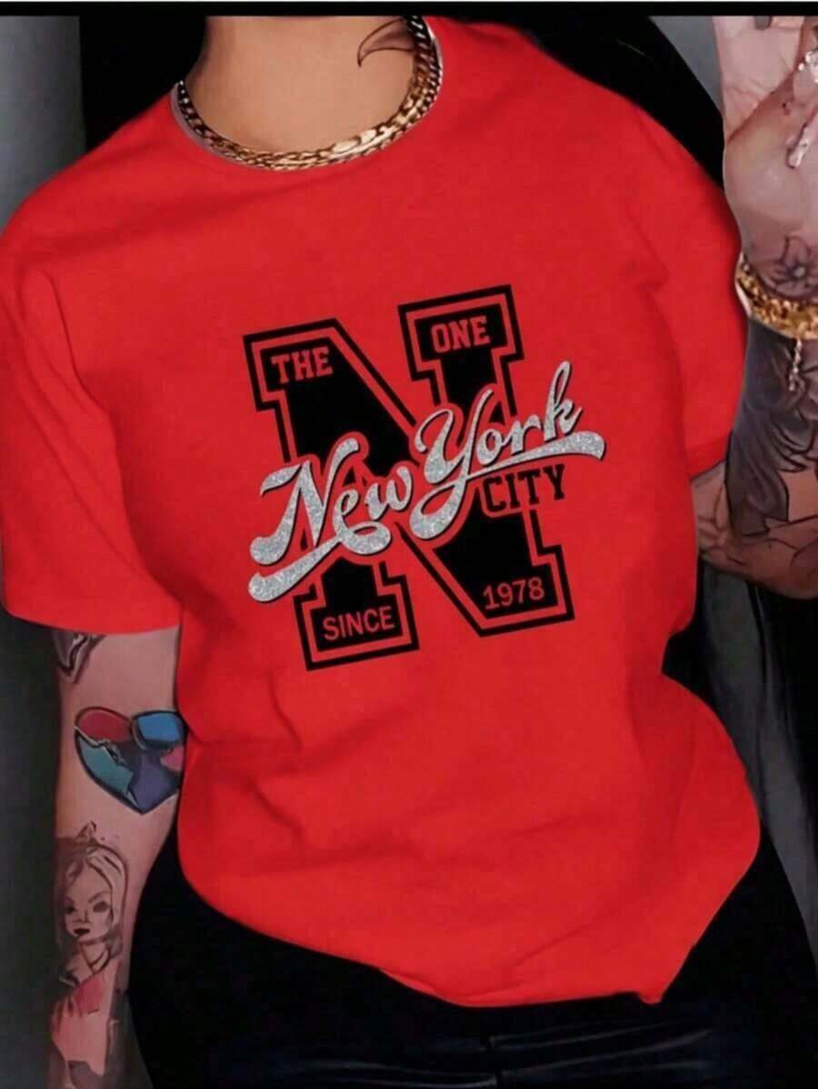 short-sleeveCamiseta con estampado de Gráfico Casual Poliéster mujer Diario primavera Cuello Redondo Algodón Tejido Suave Manga Corta Transpirable y Fresca100% Cotton - Rojo - Ver 1
