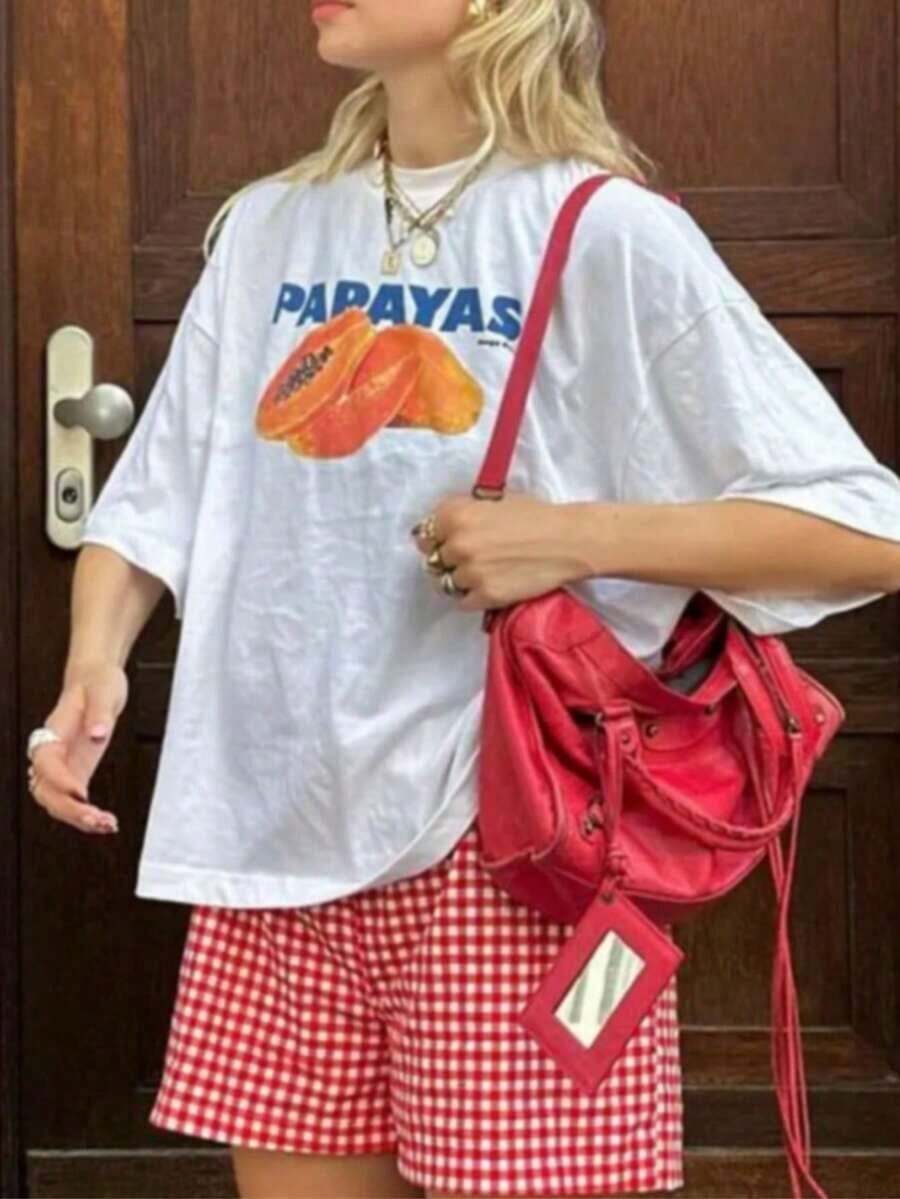 Nueva camiseta holgada de verano para mujer con estampado de fruta de papaya, estilo casual de manga corta y cuello redondo, estética sencilla estilo Y2K, cómoda y transpirable, perfecta para vacaciones, ropa urbana, regreso a clases, días festivos, salidas de fin de semana, viajes a la playa, uso diario casual y para amantes de la fruta – camiseta unisex de algodón holgada de manga corta y cuello redondo, estilo vintage urbano. - Blanco - Ver 1