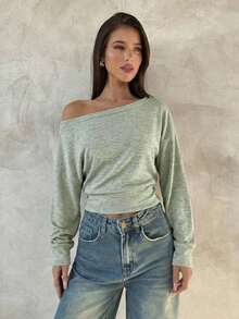 Top de manga larga asimétrico de hombro de punto de color albaricoque para mujer, otoño/invierno - Verde - Ver 3
