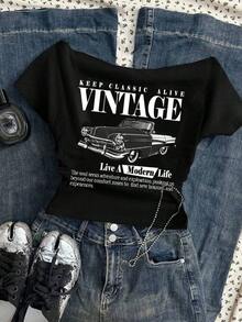Camiseta de manga corta ajustada con un hombro, con estampado retro de coche y letras, estilo vintage casual, adecuada para el verano - Negro - Ver 6