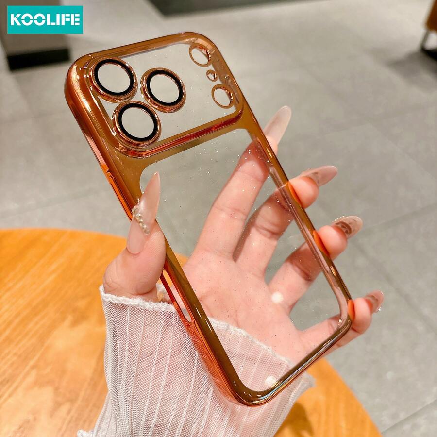 Koolife 1件裝 橘色電鍍亮片透明PC手機殼，透明亮面防震保護殼附鏡頭保護蓋，適用 18 Pro/18 Pro Max/17/17 Pro/17 Pro Max