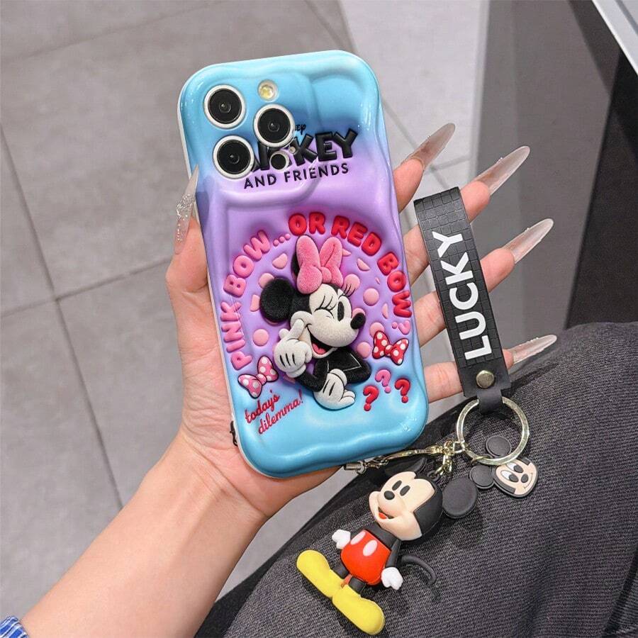 Disney Minnie Mouse Phone Case With Minnie Charm And Minnie Lanyard - Cute Minnie Protective Case With "Pink Bow Or Red Bow" Quote And Playful Pose Design, Equipped With Delicate Minnie Decorative Lanyard And Beaded Bracelet For Easy Carrying, Compatible With IPhone 17, 16, 15, 14, 13, 12, 11 Pro Series, Ideal For Birthdays, Holidays, Anniversaries, Graduation Gifts, Or Any Special Occasion To Surprise Family, Friends, Classmates, And Loved Ones. - 白色 - 查看 1