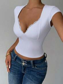 Camiseta sin mangas de ajuste ceñido con cuello en forma de corazón y parches de encaje de unicolor para mujer - Blanco - Ver 5