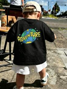 1 pièce T-shirt à manches courtes à col rond pour bébé/tout-petit garçon avec imprimé graphique de lettre de dessin animé créatif. Vêtements de mode décontracté pour bébé garçon - Noir - Voir 1
